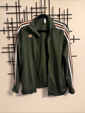 adidas women’s Olive Green Track Jacket with Pink & White Stripes